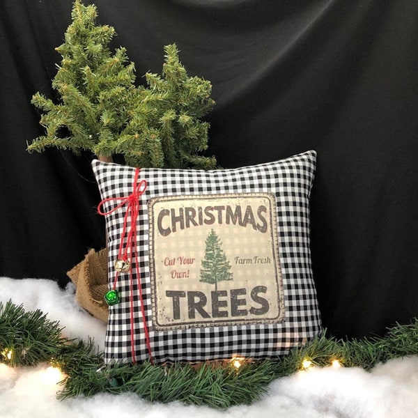 Black and White Christmas~ Farmhouse Christmas Decor~ Black Gingham Pillow~ Holiday pillows~ Christmas Decor~ 12 x 12 ~ Red ticking~