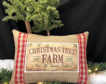 Christmas Tree Farm Pillow~ Country Christmas Decor~ Farmhouse Christmas~ Burlap Christmas Pillows~ Red ticking fabric~ Rustic Christmas