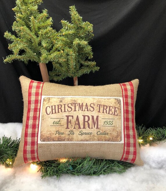 Christmas Tree Farm Pillow~ Country Christmas Decor~ Farmhouse Christmas~ Burlap Christmas Pillows~ Red ticking fabric~ Rustic Christmas