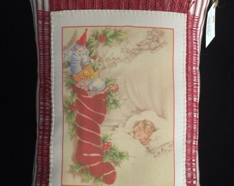 Christmas Pillow~Vintage Graphic Pillow~Little Girl Dreaming Of Sugarplums~ Red Ticking Fabric~Ink Print~Holiday Pillow~Christmas Home Decor