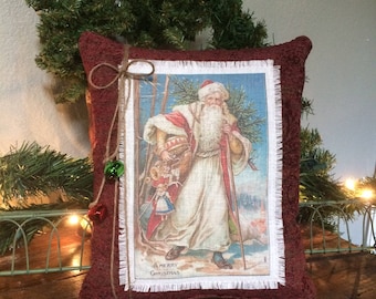 Vintage Santa Postcard Pillow~Old world Santa~Christmas Pillow Decor~