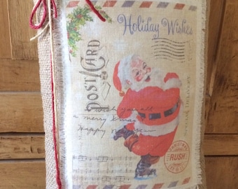Christmas Pillow Decor Vintage Ice Skating Santa Postcard Graphic Pillow~Decorative Handmade Christmas Decor Pillow~14 X 8