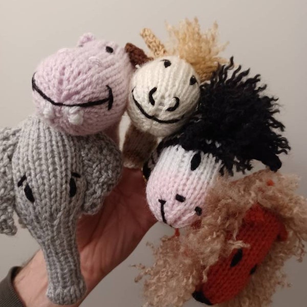Hand Knitted Wild Animal Finger Puppets - Zebra/Giraffe/Lion/Elephant/Hippo/Lion