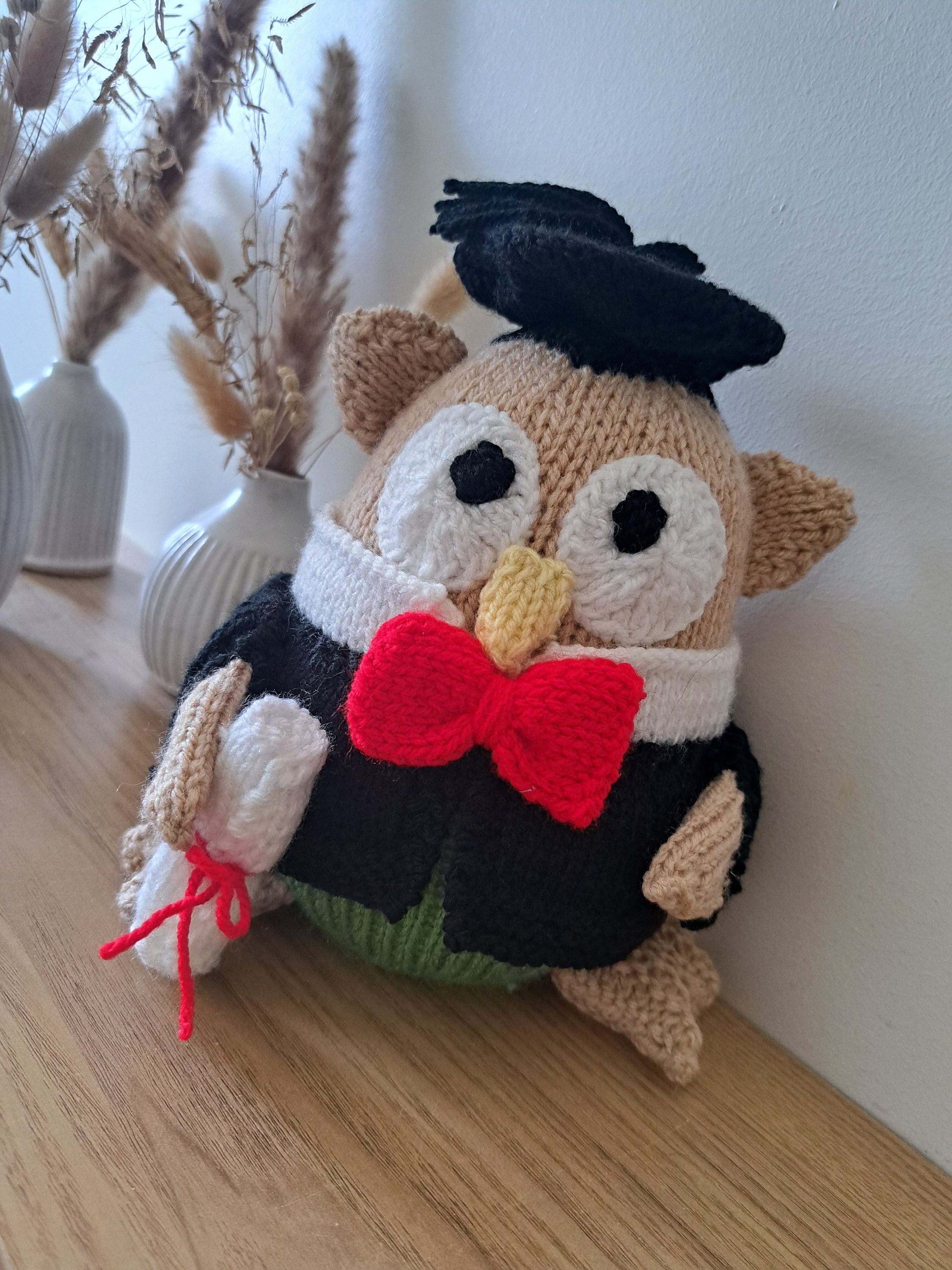 Hand Knitted Graduation Owl: Embroidered Stuffed Toy Gift