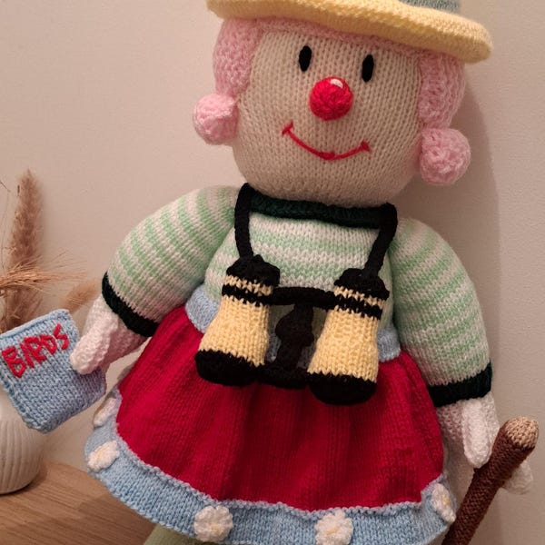 Young Mabel the bird watcher hand knitted clown
