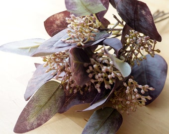 Vintage Style Dark Purple and Green Eucalyptus Leave Sprig (FB0121-03) | silk plant – purple leaves crown – purple cake topper