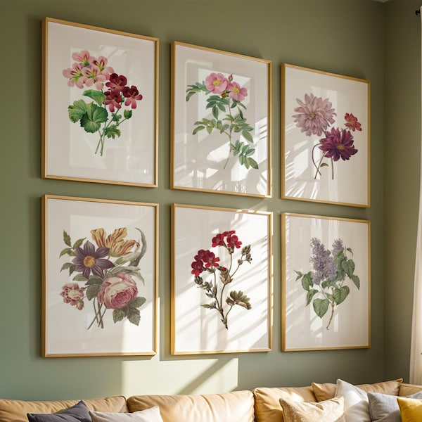 Juego de 6 impresiones de flores botánicas vintage, tamaño A4, para dormitorio, sala de estar y baño, sin marco