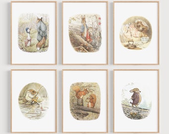 SET VAN 6 klassieke Beatrix Potter prints, niet-ingelijste print, slaapkamer, kinderkamer, babydouche