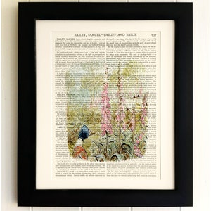 May include: A vintage book page with text about Bailey, Samuel, and the role of a bailiff. The page is illustrated with a watercolor painting of a bird and pink flowers.