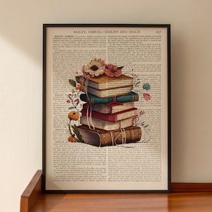 ART PRINT on old antique book page - Floral Books, Book Lover, Book Worm, Vintage Upcycled Wall Art Print, Encyclopaedia Dictionary Page