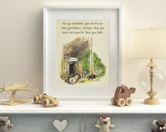 Winnie the Pooh QUOTE PRINT, Birth, Christening, Nursery Picture Gift, Pooh Bear, *UNFRAMED* Beautiful Gift, Stronger, Braver