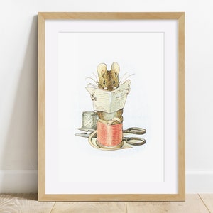 May include: A brown mouse wearing a red and white striped shirt sits on a spool of red thread, reading a newspaper titled "The Daily News".  A thimble, scissors, and a piece of thread are scattered around the mouse.