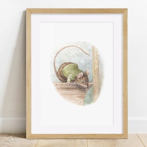 May include: A watercolor illustration of a brown mouse wearing a green jacket, peeking around a corner. The mouse is sitting on a wooden ledge.