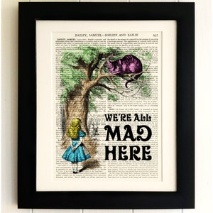 ART PRINT sur la page du vieux livre ancien - Alice au pays des merveilles, Cheshire Cat, vintage Upcycled Wall Art Print Encyclopaedia Dictionary Page, Cadeau