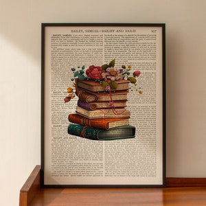 ART PRINT on old antique book page - Floral Books, Book Lover, Book Worm, Vintage Upcycled Wall Art Print, Encyclopaedia Dictionary Page
