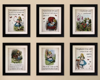 Set of 6 Alice in Wonderland Vintage Style Quote Prints, Shabby Chic, Wall Art Print, Fab Picture Gift