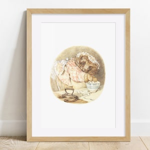 May include: A watercolour illustration of a hedgehog wearing a pink and white dress and a white apron, holding a bowl of dough. The hedgehog is standing in a kitchen setting with a vintage iron and a rolling pin.