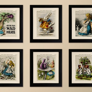 Lot de 6 impressions d'art sur une vieille page de livre ancien - Alice au pays des merveilles, impression d'art mural recyclé vintage, page de dictionnaire d'encyclopédie, cadeau fabuleux