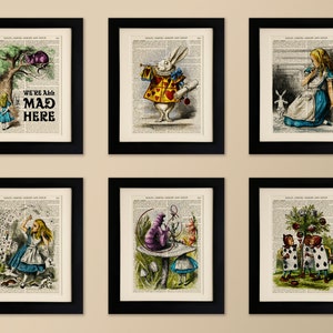 Set of 6 Art Prints on old antique book page - Alice in Wonderland, Vintage Upcycled Wall Art Print, Encyclopaedia Dictionary Page, Fab Gift