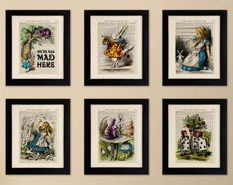 Set of 6 Art Prints on old antique book page - Alice in Wonderland, Vintage Upcycled Wall Art Print, Encyclopaedia Dictionary Page, Fab Gift