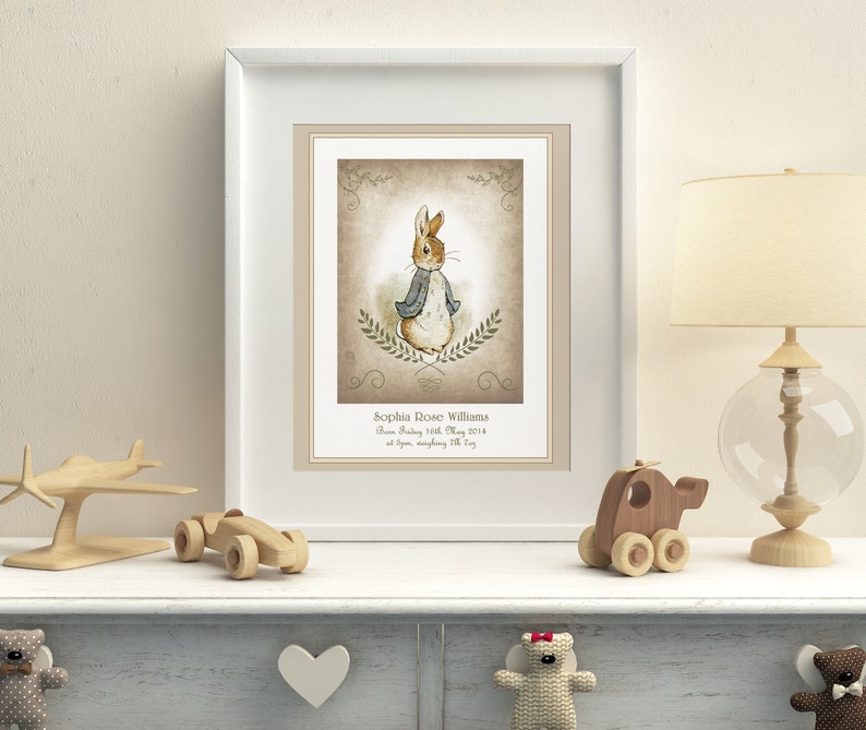PERSONALISED Peter Rabbit Print, New Baby/Birth Nursery Picture Gift, UNFRAMED Choice of 4 colours, Lovely Birth or Christening Gift image 4