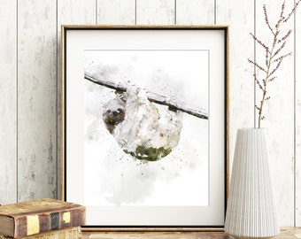 Sloth Wall Art, Watercolour Print, Illustration, A4, *UNFRAMED* Modern Art