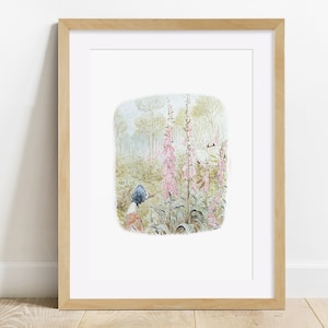 May include: A framed illustration of a rabbit in a forest setting. The rabbit is wearing a red coat and a blue hat. The rabbit is looking at a patch of pink foxglove flowers. The background is a watercolor painting of a forest with trees and foliage.