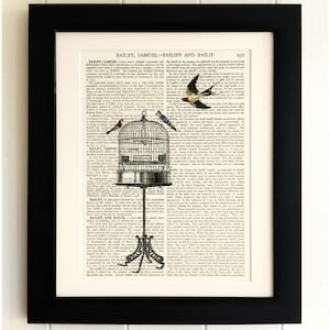 ART PRINT on old antique book page - Tall Bird Cage, Vintage Upcycled Wall Art Print, Encyclopaedia Dictionary Page, Fab Gift!