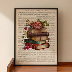 ART PRINT on old antique book page - Floral Books, Book Lover, Book Worm, Vintage Upcycled Wall Art Print, Encyclopaedia Dictionary Page