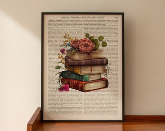 ART PRINT on old antique book page - Floral Books, Book Lover, Book Worm, Vintage Upcycled Wall Art Print, Encyclopaedia Dictionary Page