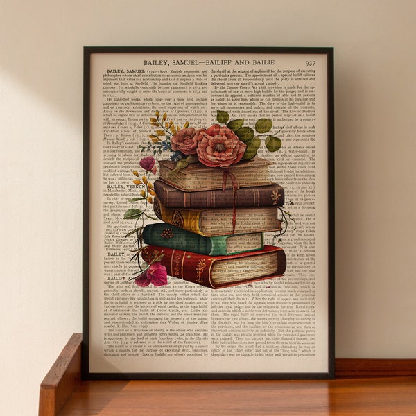 ART PRINT on old antique book page - Floral Books, Book Lover, Book Worm, Vintage Upcycled Wall Art Print, Encyclopaedia Dictionary Page