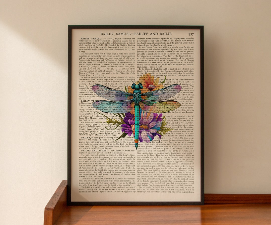 ART PRINT on Old Antique Book Page - Watercolour Dragonfly, Vintage ...