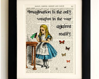 ART PRINT on old antique book page - *UNFRAMED* Alice in Wonderland Quote, Vintage Upcycled Wall Art Print Encyclopaedia Dictionary Page