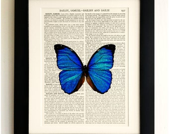 ART PRINT on old antique book page - Large Blue Butterfly, Vintage Upcycled Wall Art Print, Encyclopaedia Dictionary Page, Fab Gift!