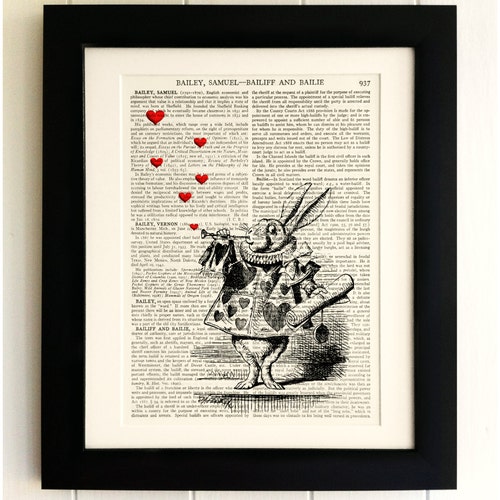 Alice in Wonderland White Rabbit Dictionary Art Print Book Page Mixed Media OOAK 