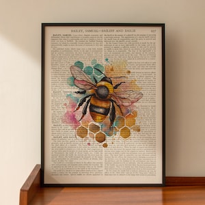 May include: A watercolor painting of a bee with yellow and black stripes, surrounded by a honeycomb pattern. The bee is painted on top of a vintage book page with text about "Bailey, Samuel - Bailiff and Bailie".