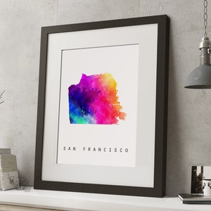 Acuarela SAN FRANCISCO Arco iris mapa impresión, *UNFRAMED *, A4 arte moderno de la pared
