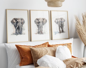 Set of 3 Watercolour Elephant Prints, Bedroom, Living Room, Unframed