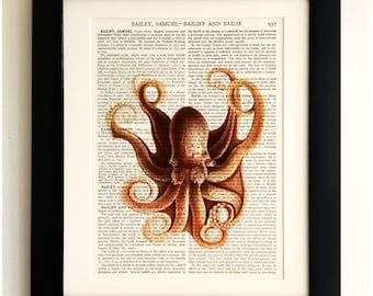 ART PRINT on old antique book page - Red Octopus, Vintage Upcycled Wall Art Print Encyclopaedia Dictionary Page, Fab Gift!