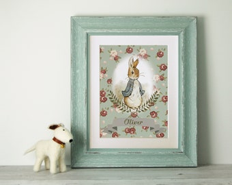 PERSONALISED Peter Rabbit Print, New Baby/Birth Nursery Picture Gift, *UNFRAMED* Choice of 4 colours, Lovely Birth or Christening Gift