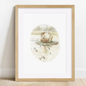 May include: A framed illustration of a rabbit sitting on a rock in a lake, fishing with a rod and line. The rabbit is wearing a white shirt and a brown hat. There are several fish swimming around the rabbit.