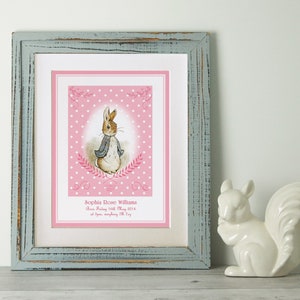 PERSONALISED Peter Rabbit Print, New Baby/Birth Nursery Picture Gift, UNFRAMED Choice of 4 colours, Lovely Birth or Christening Gift image 1