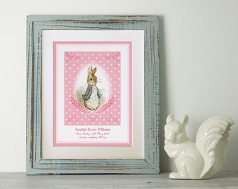 PERSONALISED Peter Rabbit Print, New Baby/Birth Nursery Picture Gift, *UNFRAMED* Choice of 4 colours, Lovely Birth or Christening Gift