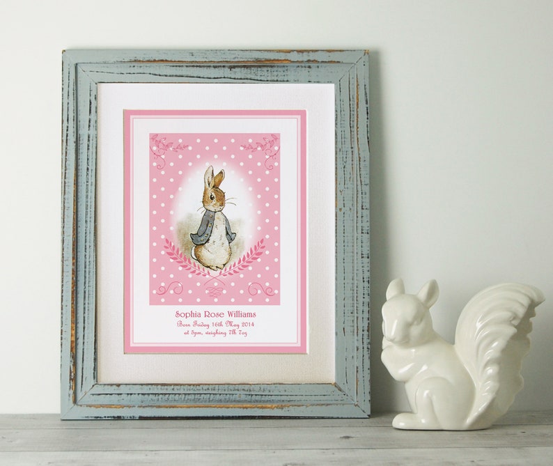 PERSONALISED Peter Rabbit Print, New Baby/Birth Nursery Picture Gift, UNFRAMED Choice of 4 colours, Lovely Birth or Christening Gift image 1