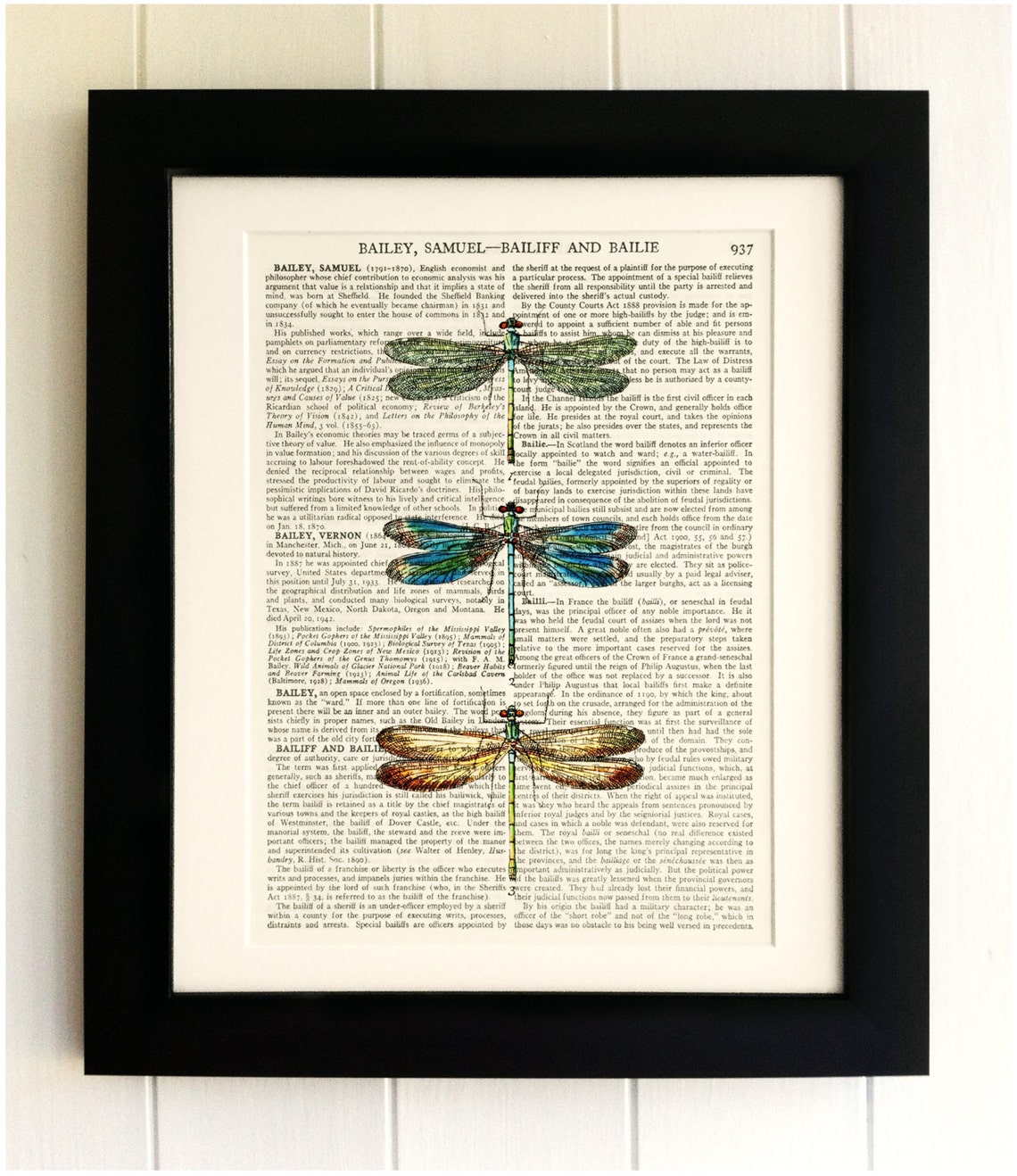 ART PRINT on Old Antique Book Page - 3 Dragonflies, Vintage Upcycled ...