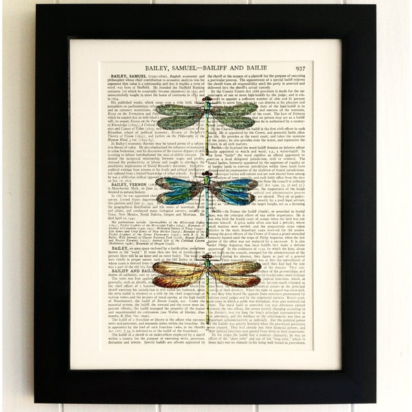 ART PRINT on old antique book page - 3 Dragonflies, Vintage Upcycled Wall Art Print, Encyclopaedia Dictionary Page, Fab Gift!