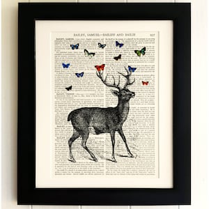ART PRINT on old antique book page - Stag with Butterflies, Vintage Upcycled Wall Art Print, Encyclopaedia Dictionary Page, Fab Gift!