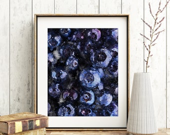 Blueberries Wall Art, Watercolour Print, Illustration, A4, *UNFRAMED* Modern Art