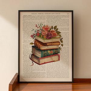 ART PRINT on old antique book page - Floral Books, Book Lover, Book Worm, Vintage Upcycled Wall Art Print, Encyclopaedia Dictionary Page
