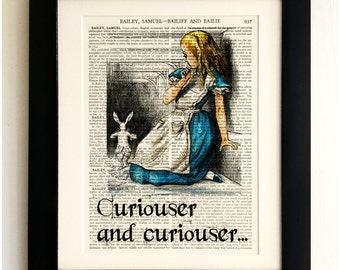 ART PRINT on old antique book page - Alice in Wonderland Quote, Curiouser, Vintage Upcycled Wall Art Print, Encyclopaedia Dictionary Page